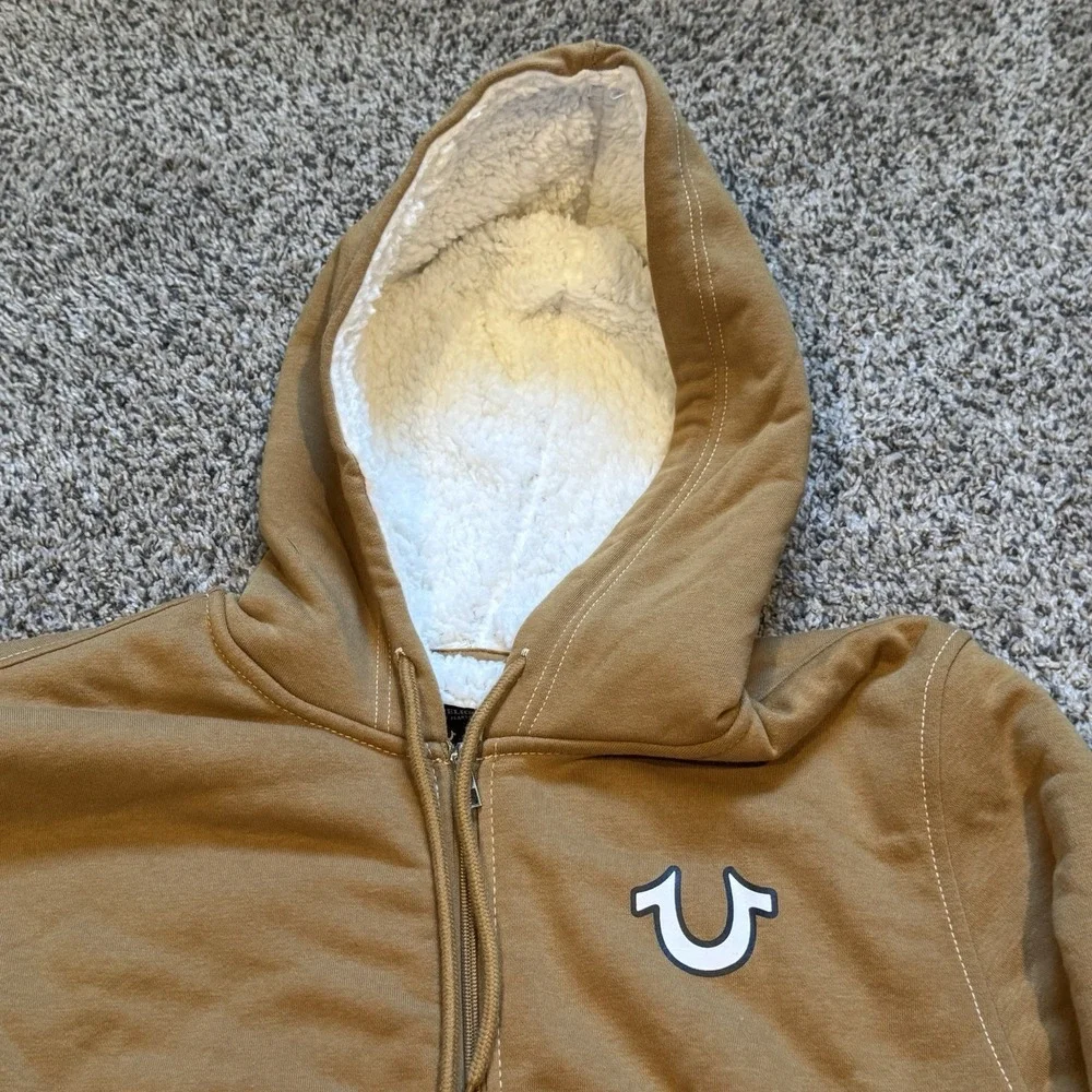 True Religion Mens Buddha Sherpa Full Zip Hoodie Dijohn Tan Sz Medium New